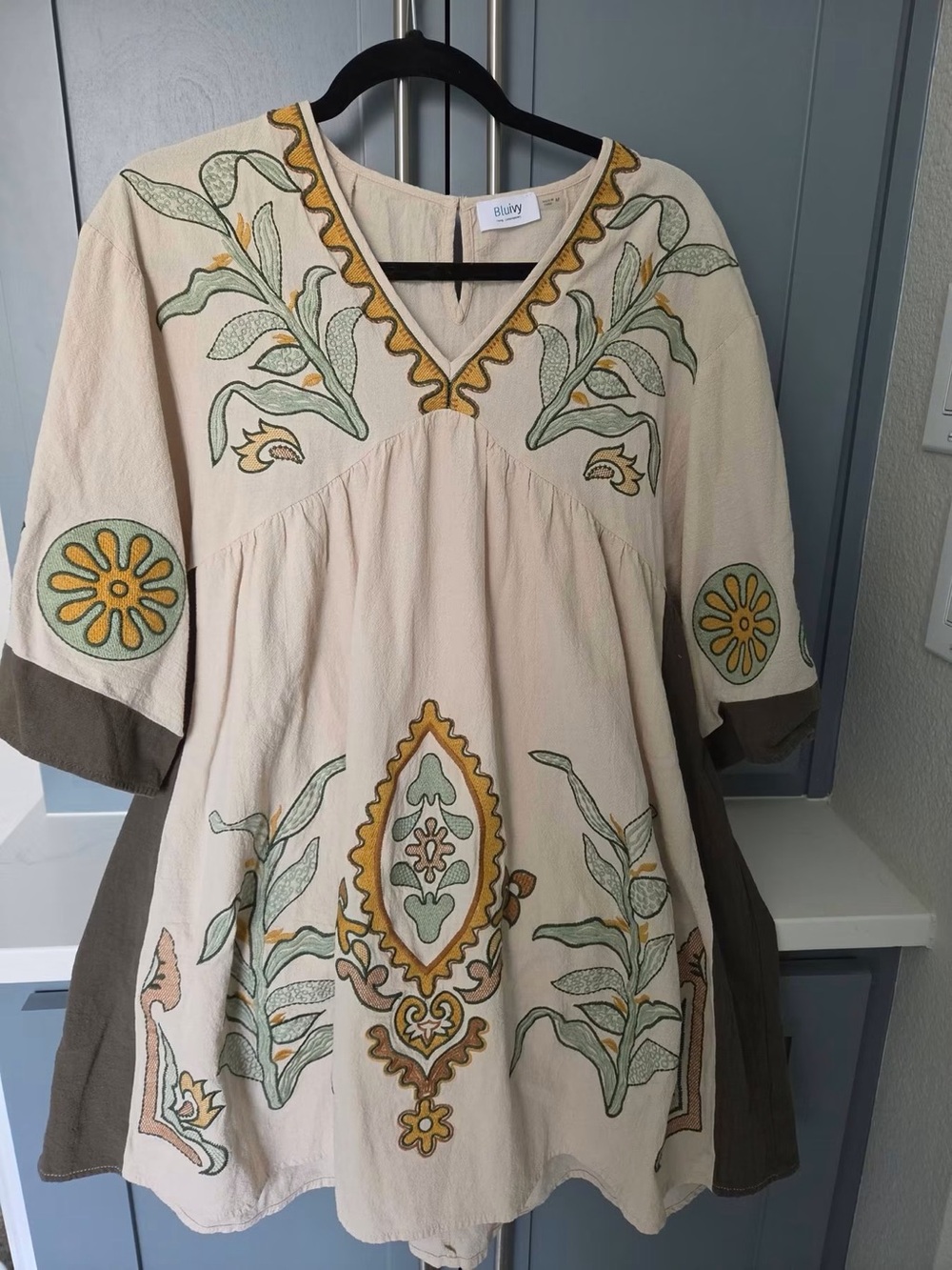 Cream Embroidered V-Neck Boho Dress